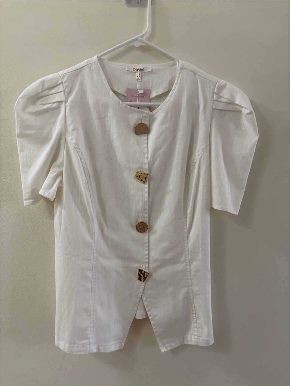 Pastels White Puff-Sleeve Blouse with Decorative Mixed Buttons